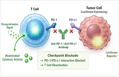 Checkpoint blockade and t cell reactivation mechanism illustration with therapeutic antibody
