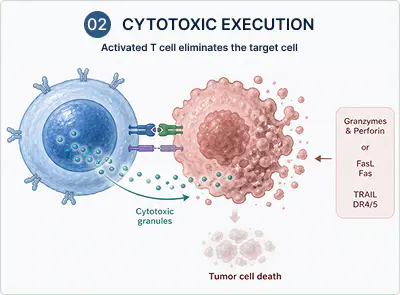 Activated T cell performs cytotoxic execution to eliminate tumor cell diagram