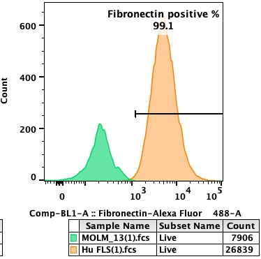 Flow cytometry plot of Human Fibroblast-Like Synoviocyte Normal Tissue, Adult, showing vimentin fibronectin to be 99.1%.