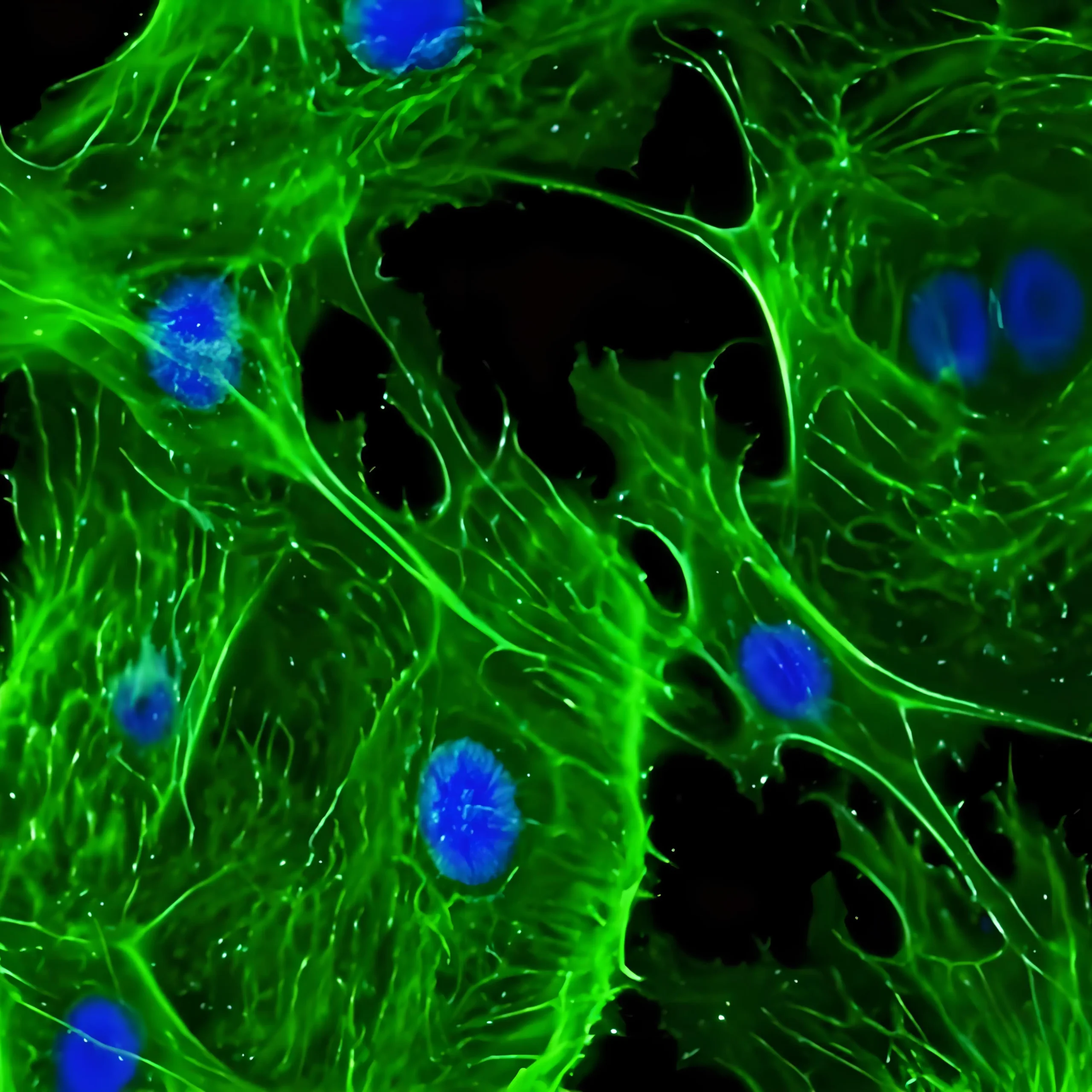 Fluorescent micrograph of epithelial cells, green cytoskeleton, blue nuclei..jpg