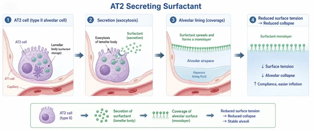 Four step diagram showing AT2 type II alveolar cells surfactant secretion process in human lung tissue research