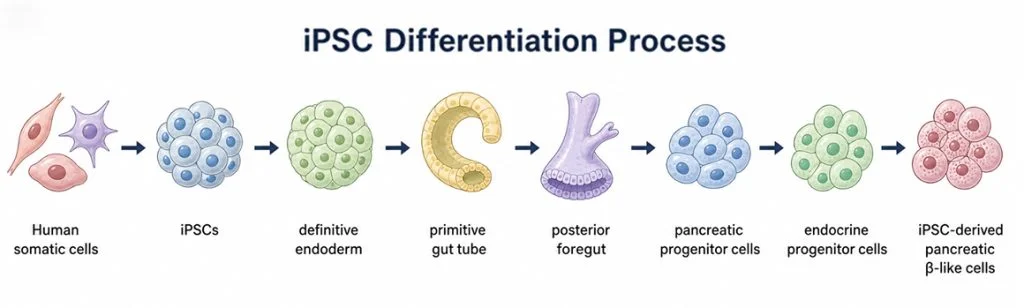 Ipsc differentiation process illustration showing human somatic cells developing into ipsc derived pancreatic beta like cells step by step diagram