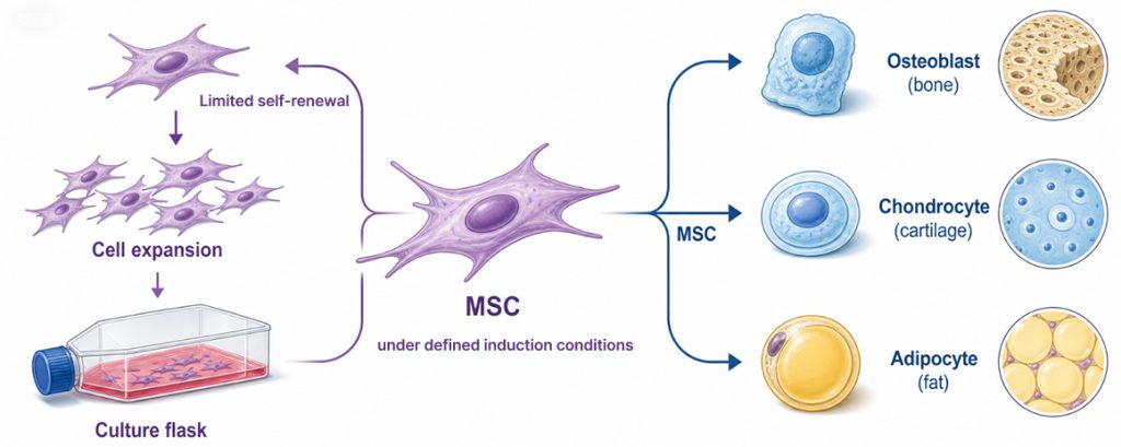Mesenchymal stem cell schematic cell culture expansion and three lineage differentiation bone cartilage fat cells