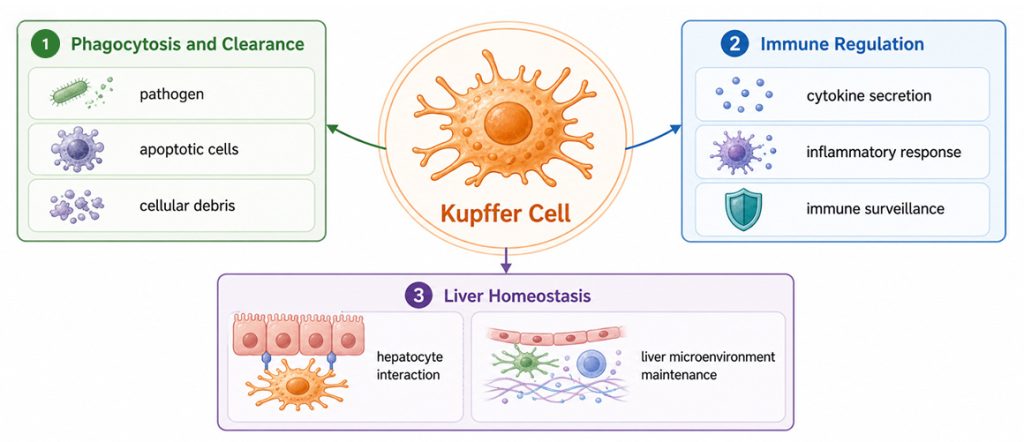 Kupffer cell key biological functions illustration showing phagocytosis immune regulation and liver homeostasis mechanisms